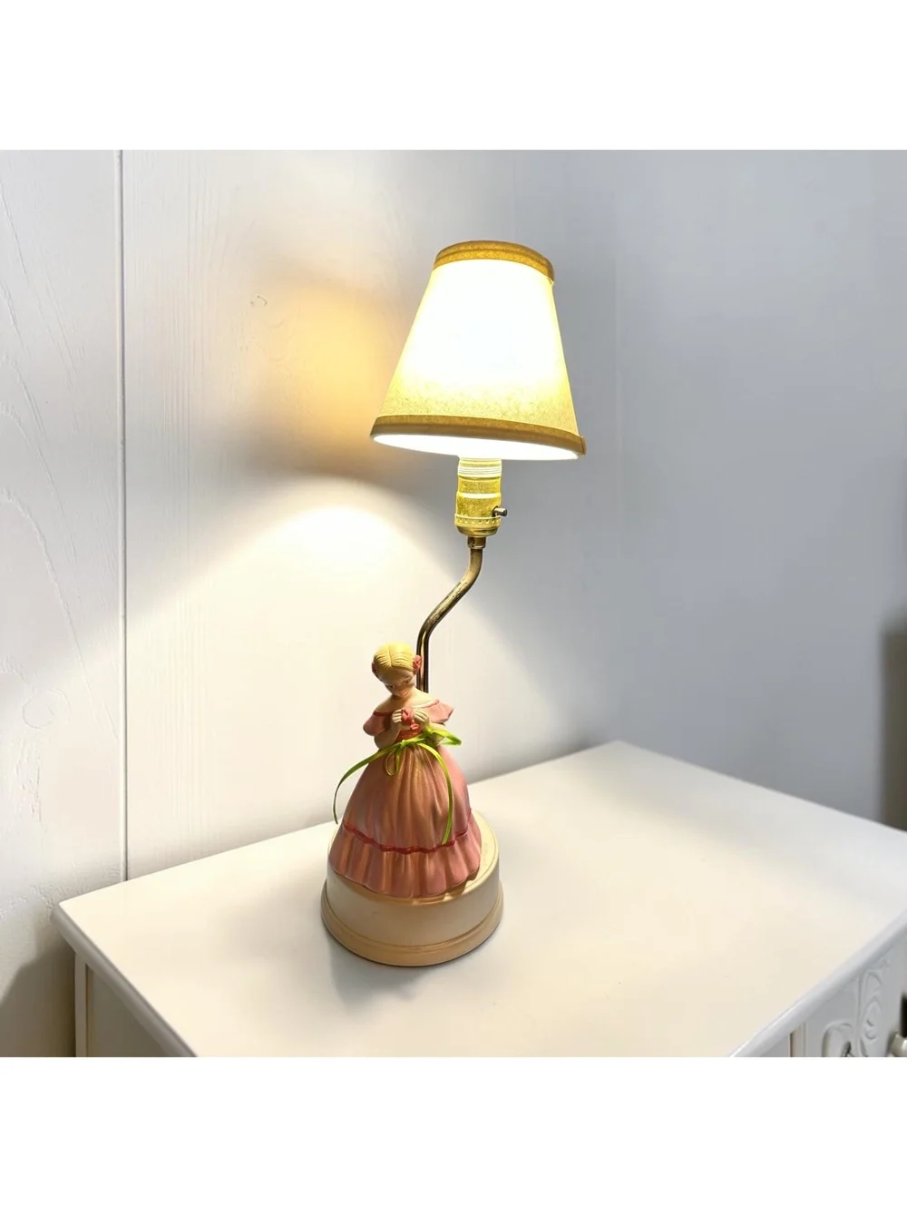 Vintage Ceramic Girl Figurine Table Lamp Pink Dress Nursery Cottage Decor
